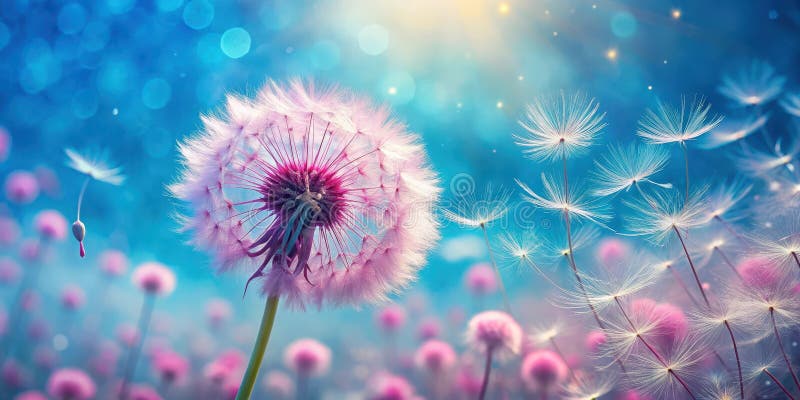 A field of delicate pink and white dandelions blowing in the gentle breeze on a sunny day. Generative AI stock illustration