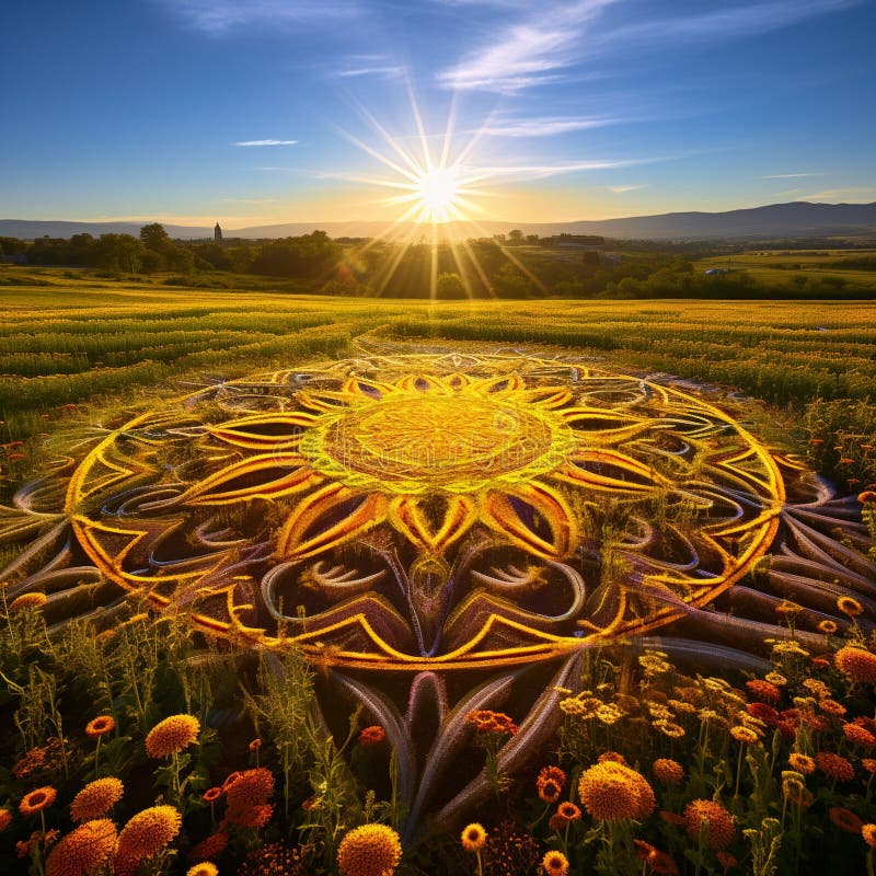 Field of Enchantment: Crop Circle Magic Unleashed. Step into a realm of enchantment with this mesmerizing image depicting a crop circle that has unleashed powerful and unexplainable magic within a sun-drenched field. The intricate pattern, softly glowing with ethereal light, captures the imagination and fuels a sense of awe and wonder. Amidst the magical crop circle, vibrant wildflowers bloom uncontrollably, creating a breathtaking kaleidoscope of colors. Swirling energy, celestial symbols, and levitating objects further enhance the otherworldly ambiance, evoking emotions of curiosity, wonder, and a touch of trepidation. The art style chosen for this image brings this mystic scene to life with its unique blend of realism and surrealism. AI generated