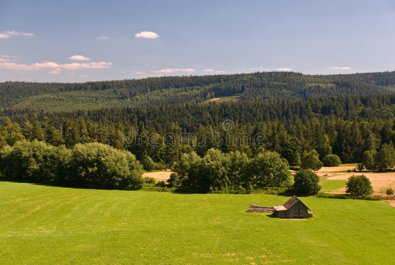 A field and a few old cottages in the swiss alps