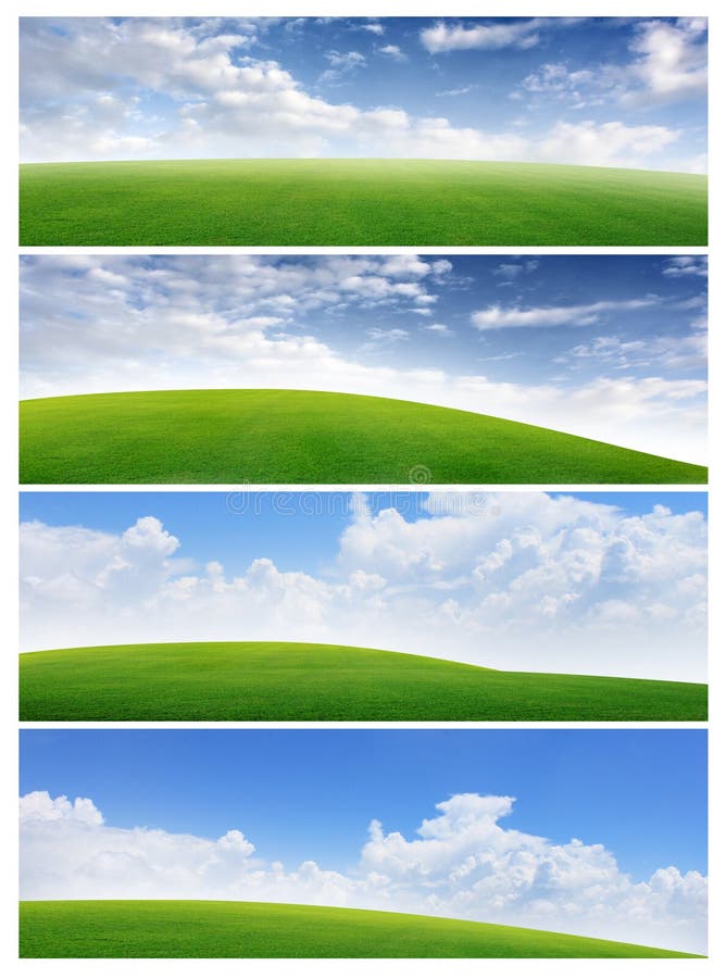 Collection of horizontal field of grass and blue sky banners