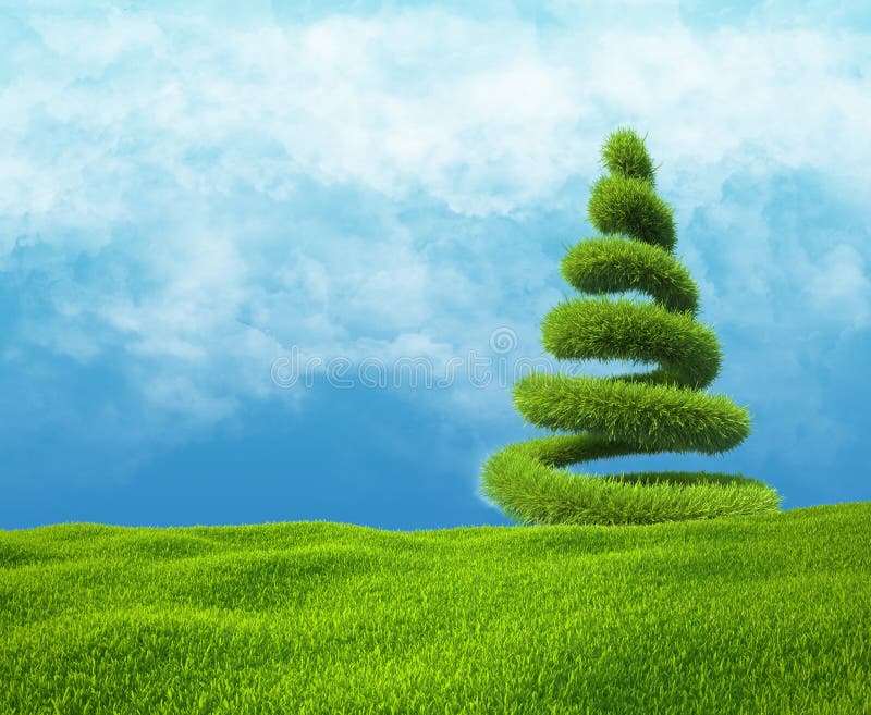 Field of green grass and sky with helix tree.