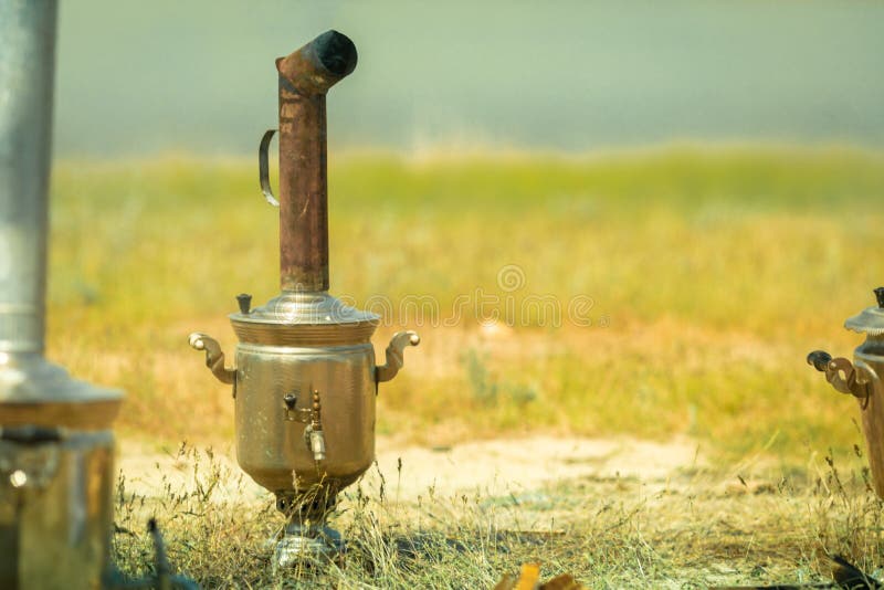 Field Kitchen on a Trip, Water is Boiled in a Samovar for Tea in Nature Stock Image Image of