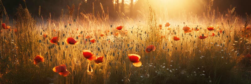 Field with poppies backlit as panorama, Generative AI