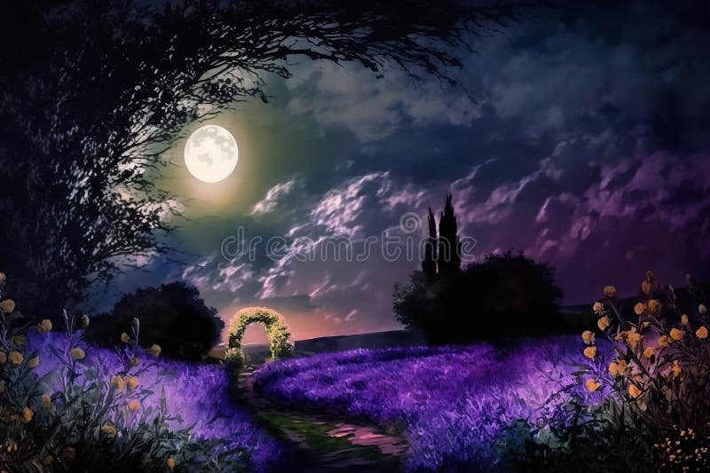 Field of Purple Flowers at Night Stock Illustration Illustration of