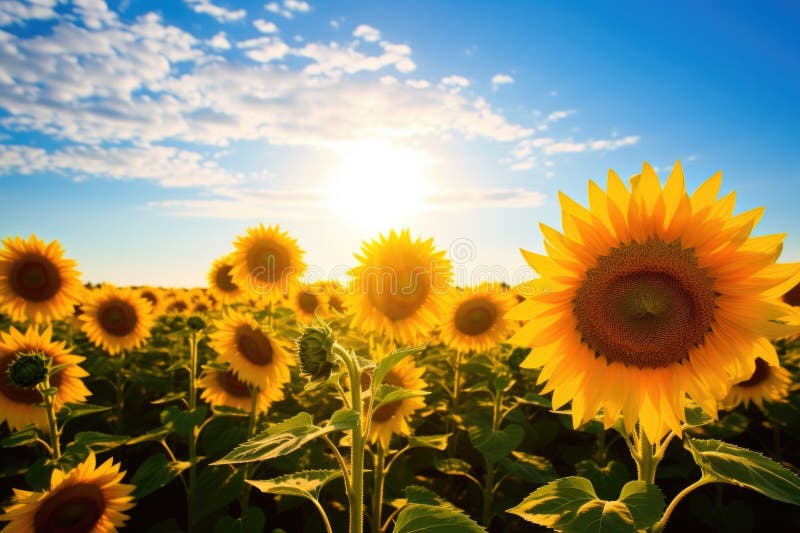 A Field of Sunflowers in Full Bloom Facing the Sun Stock Photo - Image ...