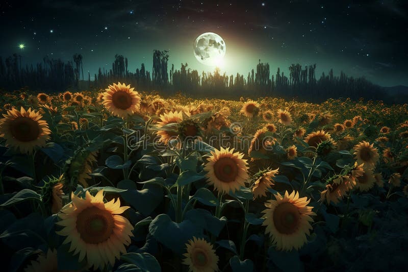 Field of Sunflowers at Full Moon Night Stock Illustration