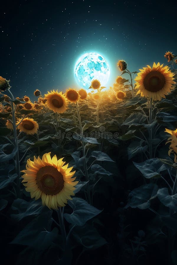 Field of Sunflowers at Full Moon Night Stock Illustration