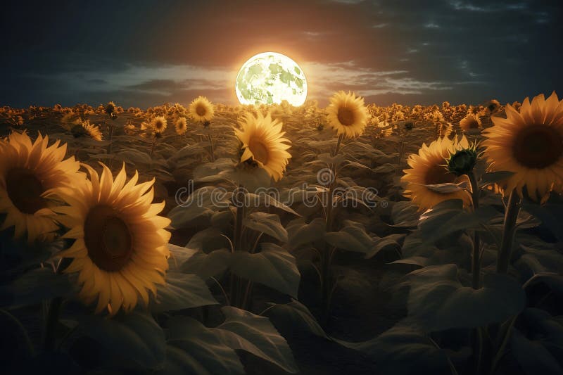 Field of Sunflowers at Full Moon Night Stock Illustration