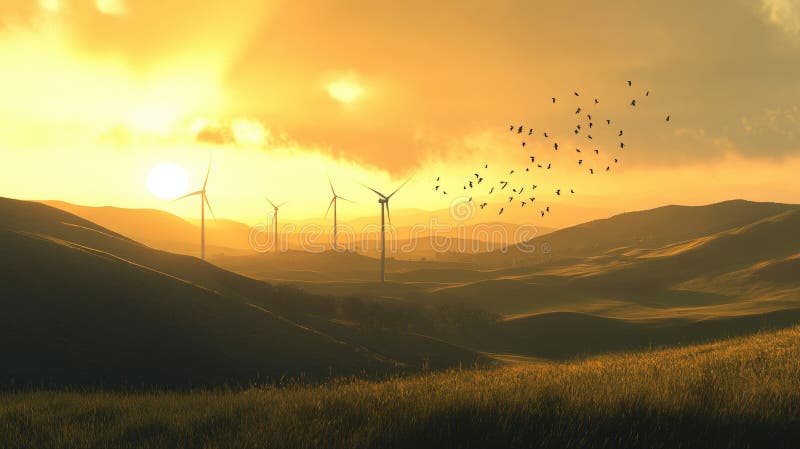 A field of wind turbines with a flock of birds flying in the sky. Generative AI vector illustration