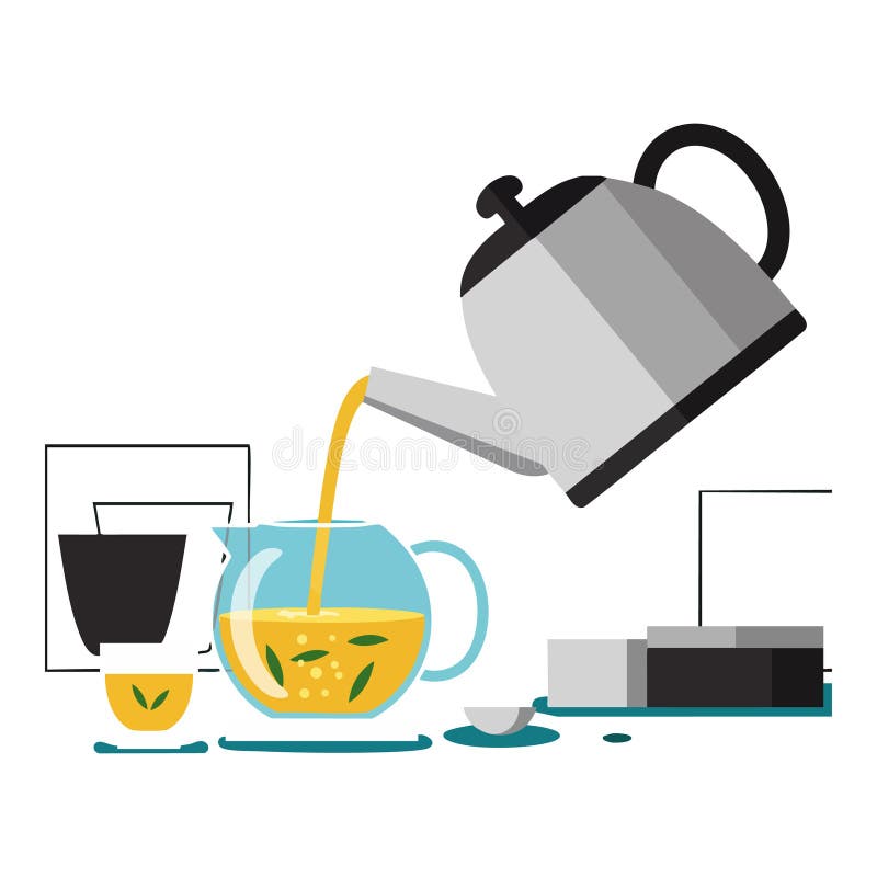 Fierbător de ceai turnând ceai din plante în ceainic de sticlă cu cupe și ilustrație vectorială cu cutie de ceai royalty free illustration