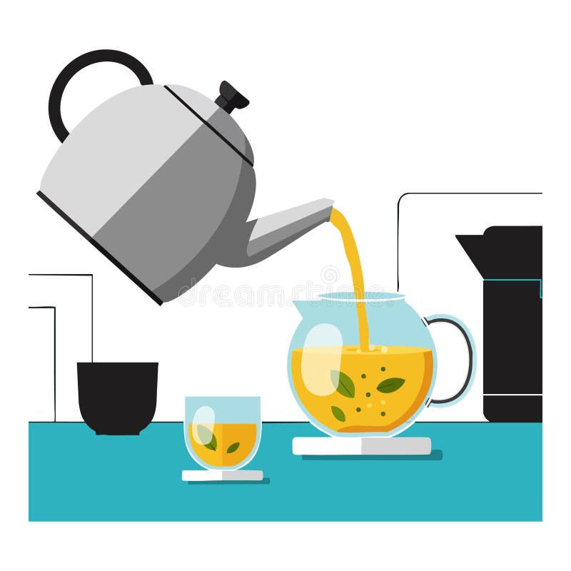 Fierbător de ceai turnând ceai în ceainic de sticlă cu ilustrație de ceașcă și filtru de cafea vector illustration