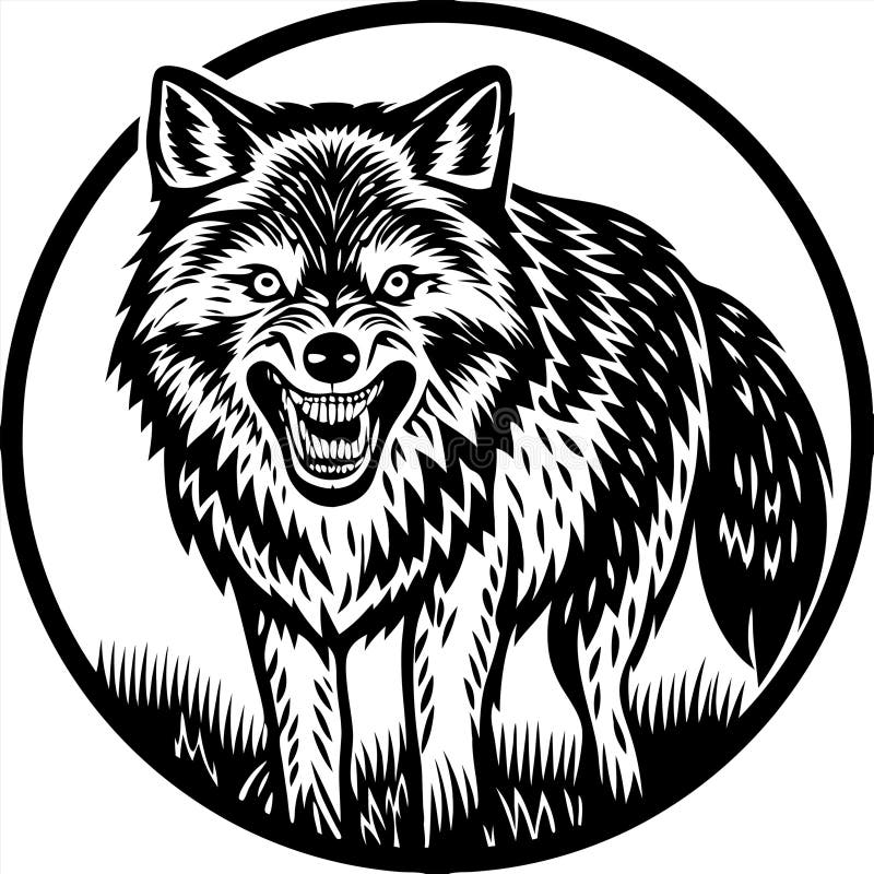 Fierce Aggressive Wolf Vector Art Emblem with Snarling Expression in Circle Design royalty free illustration