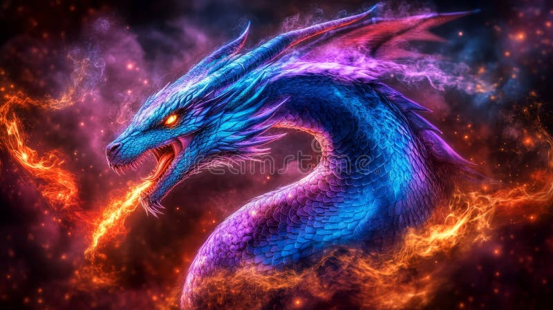 Fierce Blue Dragon with Glowing Eyes, Emitting Fire, Dramatic Lighting, Intricate Textures stock illustration