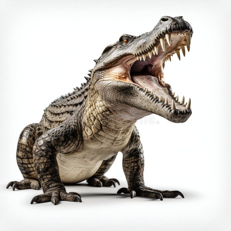 Fierce Crocodile Displaying Teeth Isolated on White. Generative Ai
