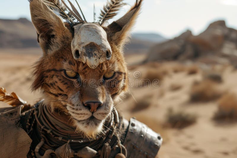 Fierce feline warrior in the desert. Created with the help of Generative AI tools.