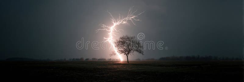 A fierce thunderstorm unleashes a dramatic lightning strike on a solitary tree in a vast, open field at nightfall, showcasing natures raw power. Lone tree storm dramatic lightning night sky field stock images, royalty-free photos and pictures
