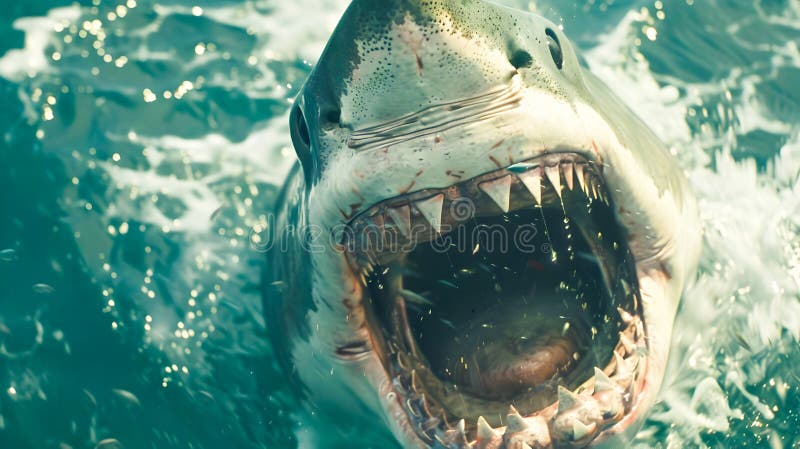 Fierce white shark with open jaws and sharp teeth aggressively hunting its prey in the deep blue ocean displaying its power and stock illustration