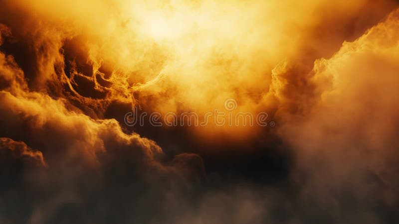Fiery abstract thunderstorm clouds appearing in dramatic golden sky stock illustration