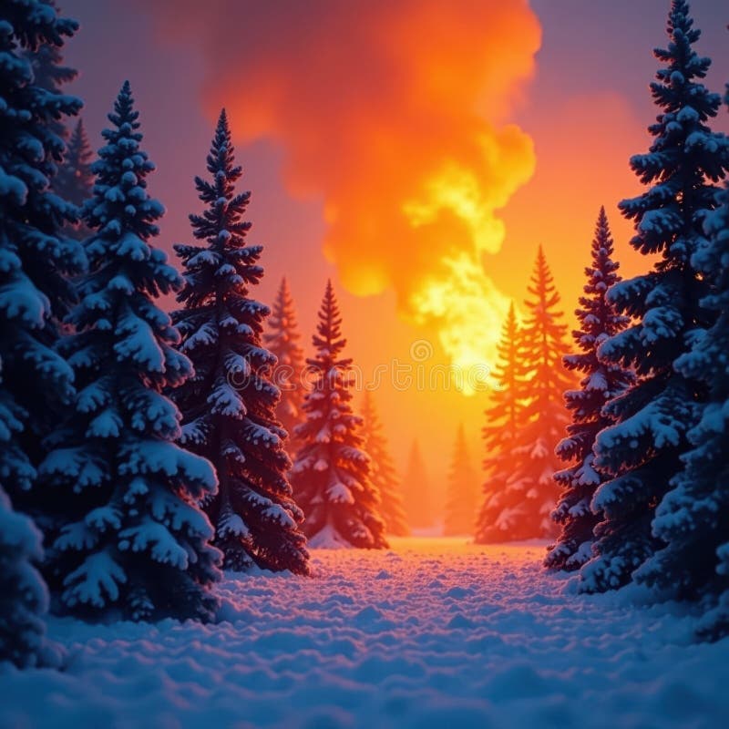 Fiery blau inmitten von frostiger Pinienrauche steigt in knackiger Luft Bild Winterfeuer stock abbildung