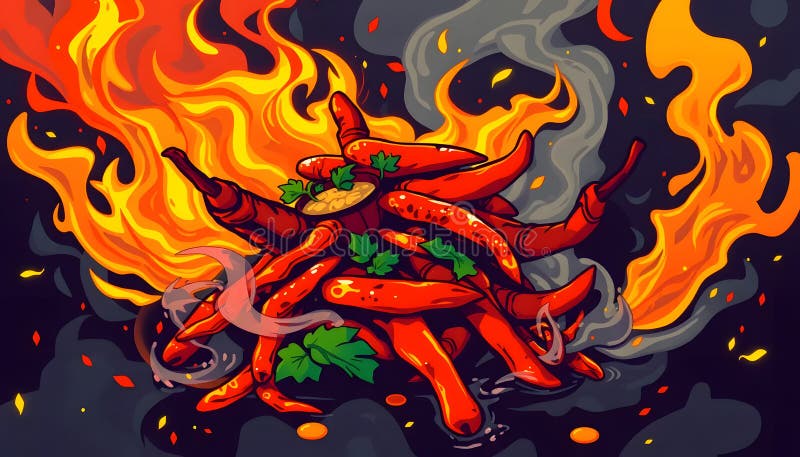 Fiery chile peppers inferno : una ilustración culinaria picante stock de ilustración