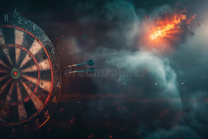Dramatic scene of darts piercing a dartboard against a fiery sky. Conceptual image evokes focus and determination. Ideal for motivational and goal-oriented uses. Generative AI. Fiery darts stock images, royalty-free photos and pictures