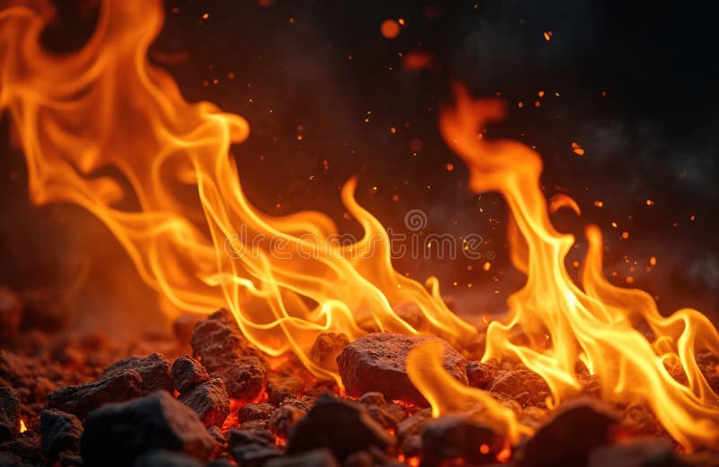 Fiery flamaze blaze intensivt på mörk bakgrund. Orangegula branddans i abstrakta mönster. Brinnande kolglöd under stock illustrationer