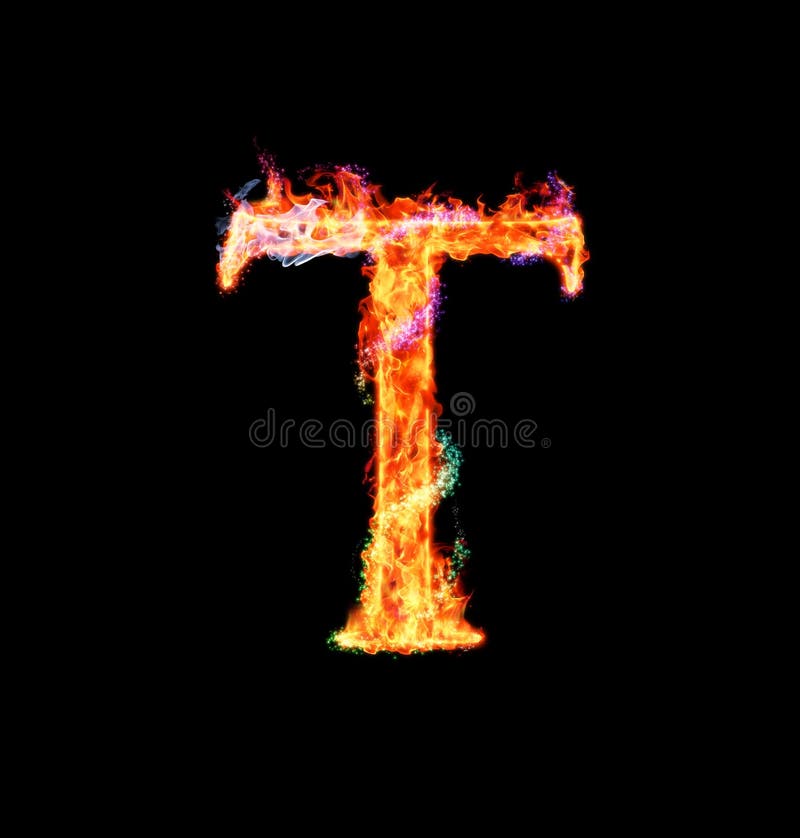 -T- Capital letter made of fire and magic sparkles. -T- Capital letter made of fire and magic sparkles