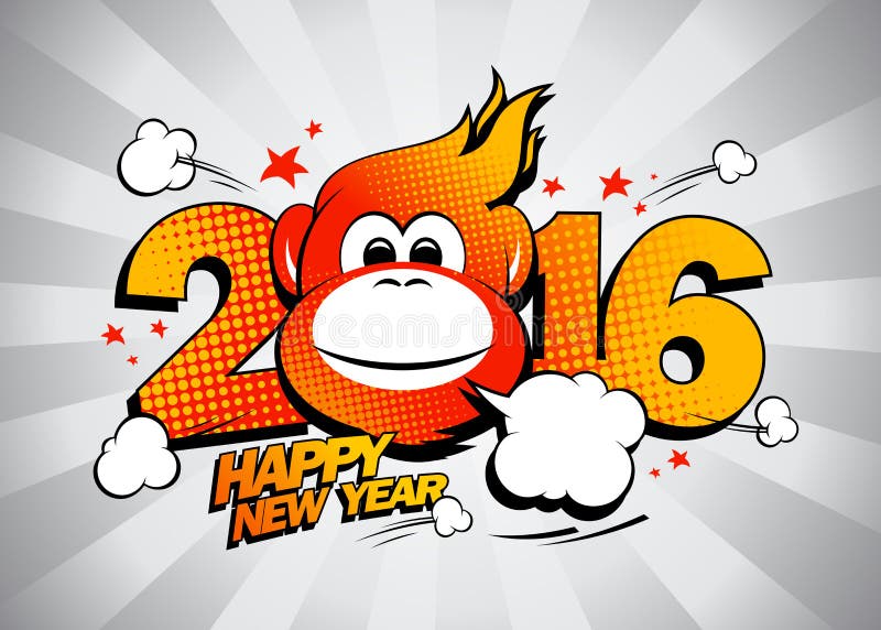 Fiery monkey against gray rays backdrop, 2016 Happy new year design. royalty free illustration