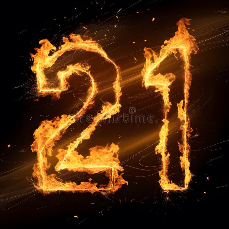 Fiery Number 21 on a Black Background stock images