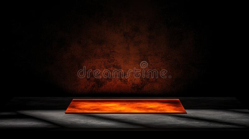 The image presents a striking scene of a dark room with a large, textured wall that dominates the background. The wall is primarily dark brown with a rough, uneven texture, and it appears to be made of stone or concrete. In the center of the room, there is a rectangular platform or stage, which is illuminated by a bright orange light. The light source casts a warm glow on the platform, creating a contrast with the dark surroundings. The platform is situated on a dark gray or black surface, which appears to be a table or a similar flat surface. The overall composition of the image is balanced, with the platform and the wall forming the central focus, while the dark gray surface provides a neutral base. Large rectangular light source stock images, royalty-free photos and pictures