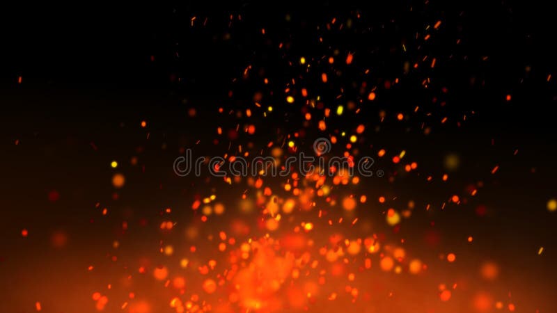 Fiery orange glowing flying away particles on black background, Burning fire embers glowing