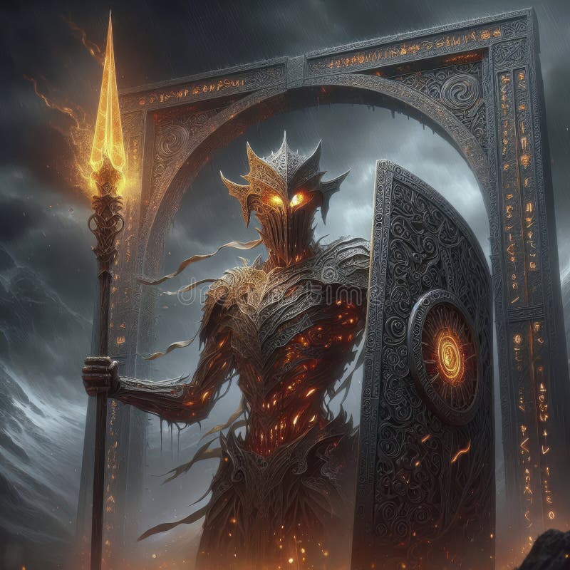 Fiery Orcish Guardian : Intricate Armor. Fiery Orcish Guardian : Intriccient Armor Burning Spear Ancient Portal Fantasy Art