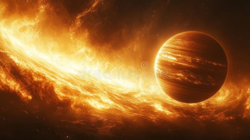 Fiery Planet in Glowing Nebula stock illustrationer