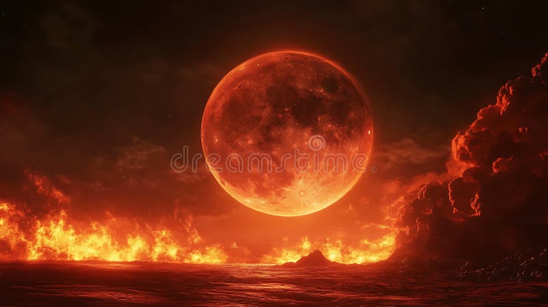 A Fiery Red Moon Dominates the Sky, Casting an Orange-red Glow