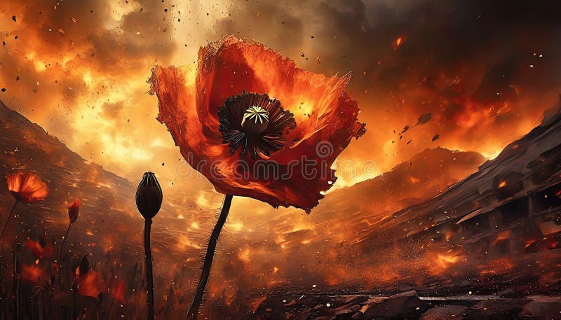 Fiery red poppy flower in a dramatic landscape with burning sky and floating embers royalty free stock images