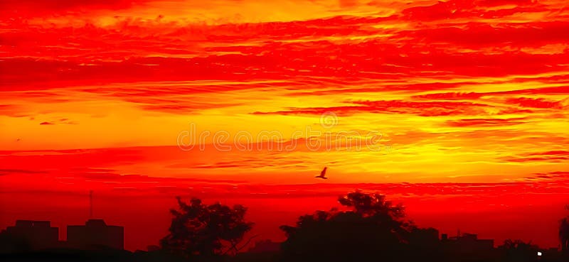 Fiery Red Sunset Sky with Flying Bird - Golden Evening Glow royalty free stock photos