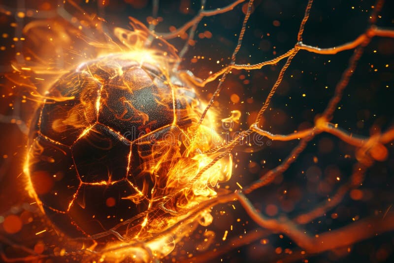 Fiery soccer ball scores net bends light flashes dark background vector illustration