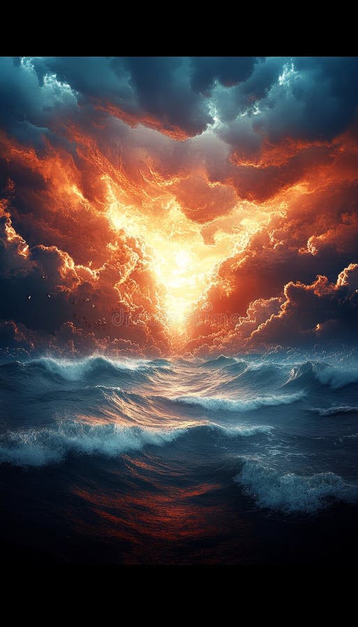 Fiery Sunset over Stormy Ocean, Dramatic Cloudscape and Ocean Waves, Epic Nature Scenery Background royalty free illustration