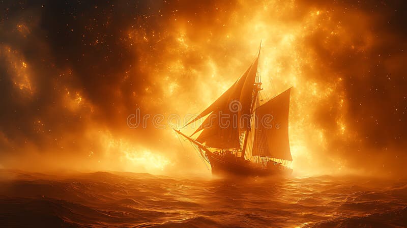 Fiery Sunset Sailboat Ocean Fantasy Artwork stock illustrationer