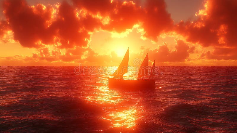 Fiery Sunset Silhouette Sailboat Ocean Voyage vektor illustrationer