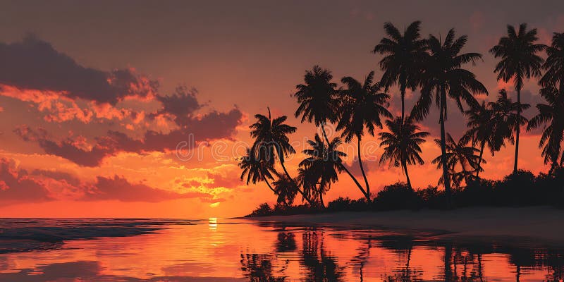 Fiery Sunset Tropical Beach Scene with Palm Trees stock illustration