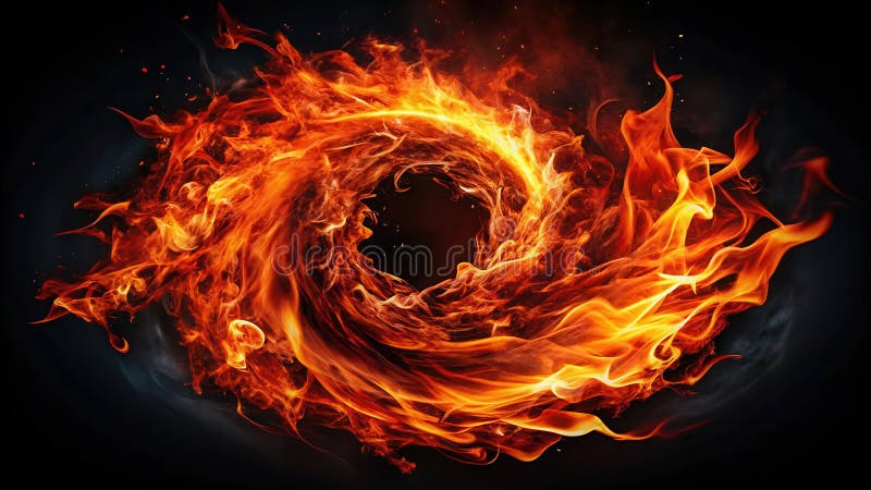Fiery vortex abstract ring of burning embers and glowing flames on black background. Generative AI stock illustration