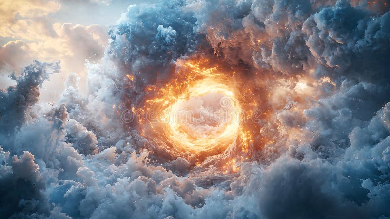 Fiery Vortex within a Celestial Cloud Formation A Digital Art Image of a Burning Ring Surrounded by Clouds vector illustration
