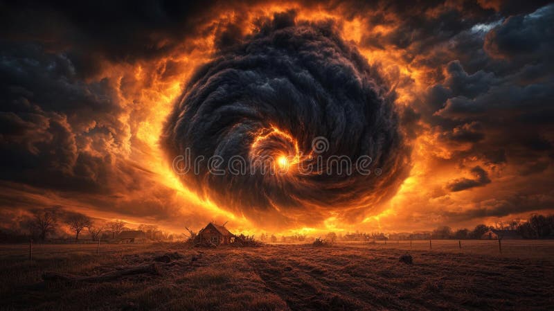 Fiery Vortex and Dark Clouds Swirl Over a Remote Landscape royalty free illustration