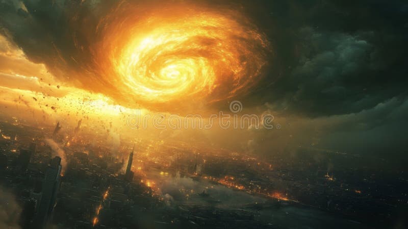 A fiery vortex descends upon a city, casting a shadow of destruction royalty free illustration