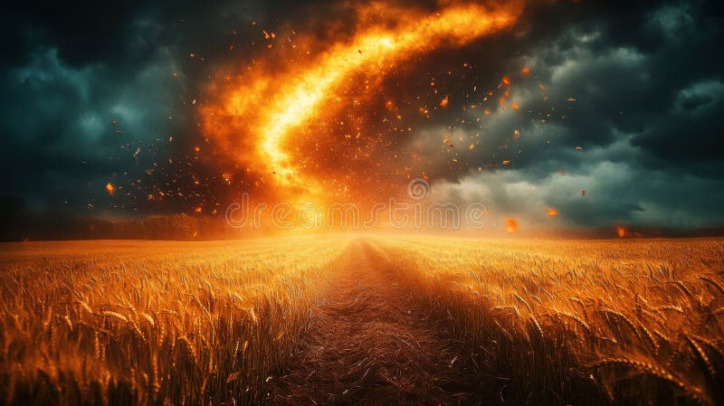 Fiery Vortex Descends Upon Golden Wheat Field Under Dramatic Sky royalty free illustration