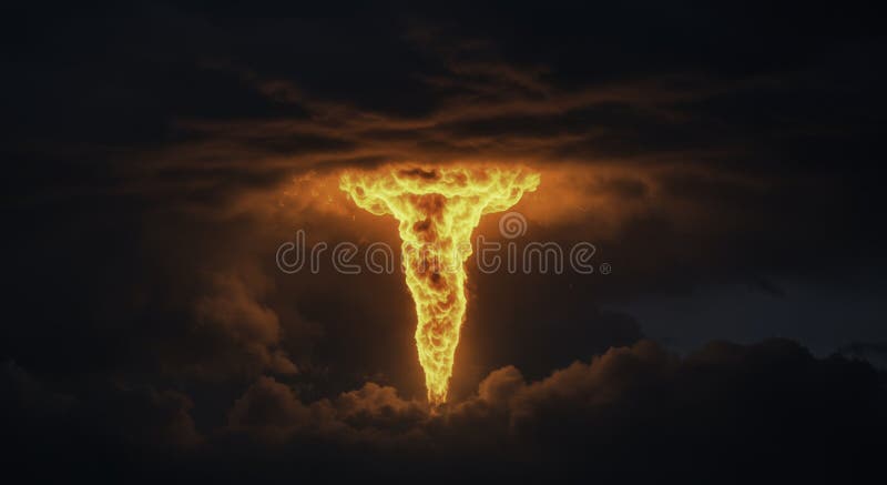Fiery Vortex: Infernal Pillar of Fire Ascending Through Dark Clouds at Night vector illustration