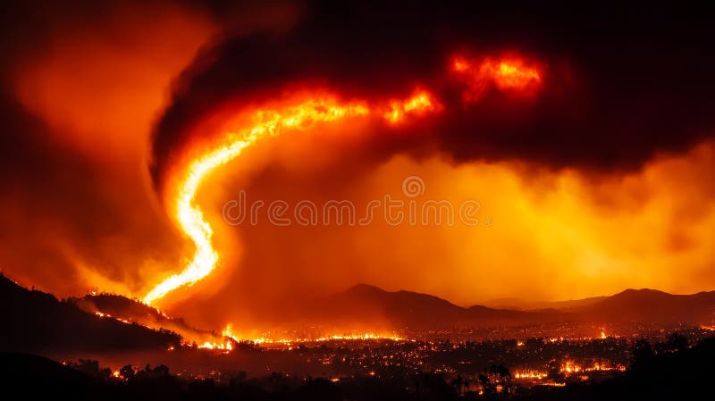 Fiery Vortex Over Cityscape A dramatic image of a fire whirl towering over a city at night creating a fiery vortex effect stock illustration