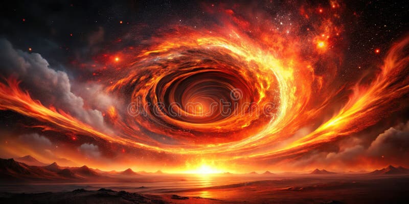 Fiery vortex over a desolate landscape at sunset a surreal vision of cosmic fire and deserted plains. Generative AI royalty free illustration