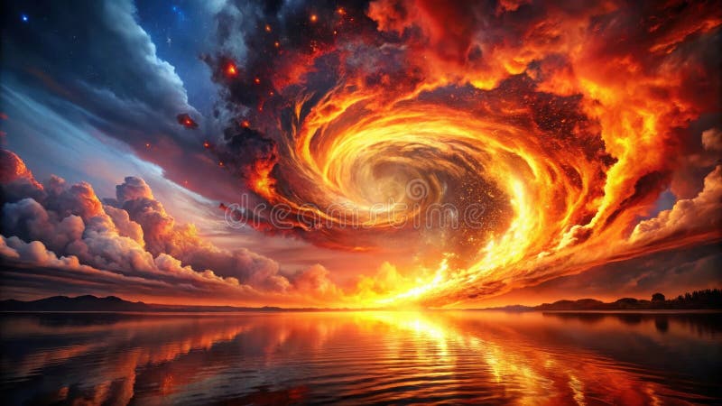 Fiery vortex sunset over calm water a surreal landscape of celestial fire and tranquil reflection. Generative AI stock illustration